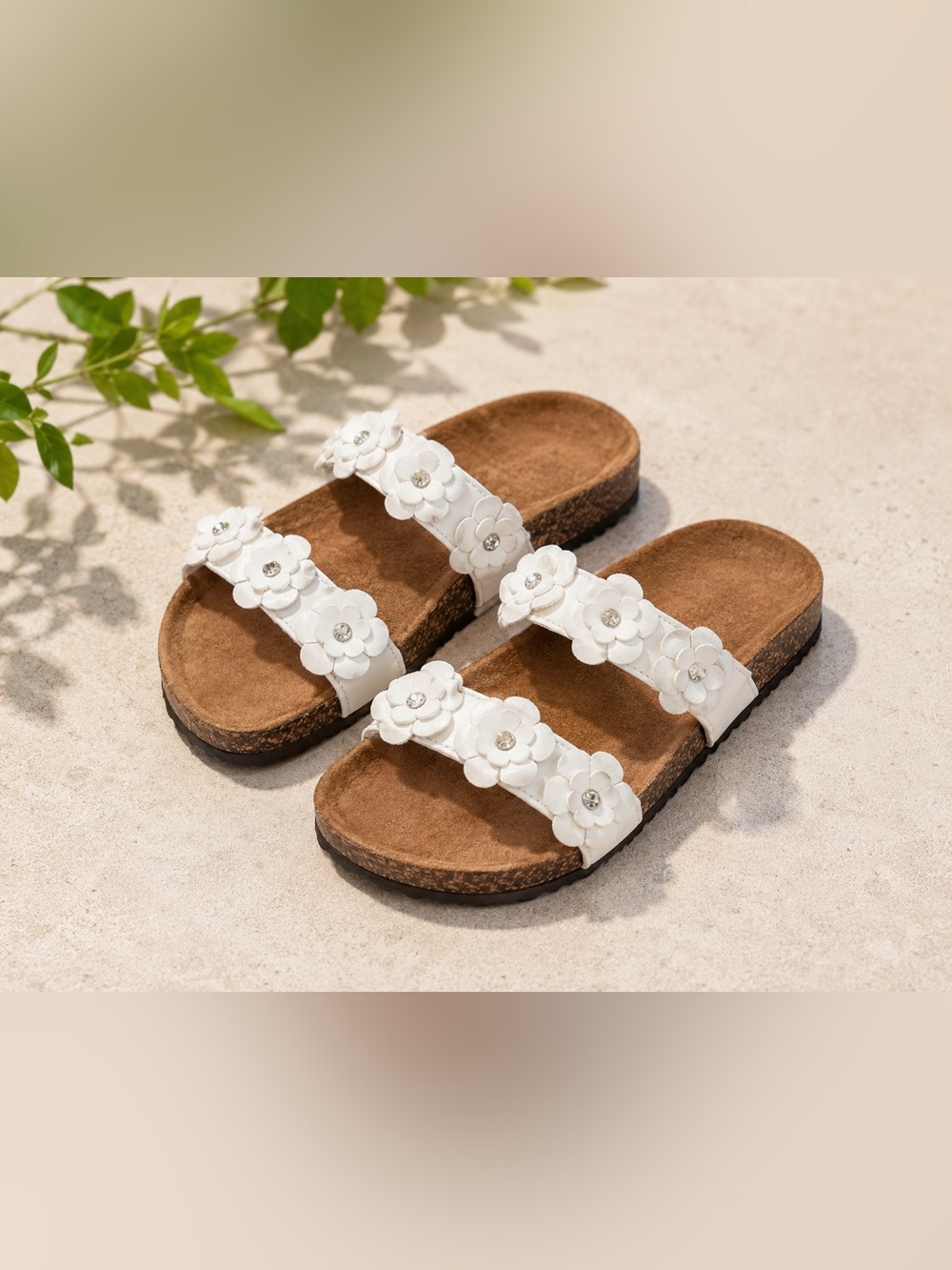 White Floral Double Strap Slide Sandals